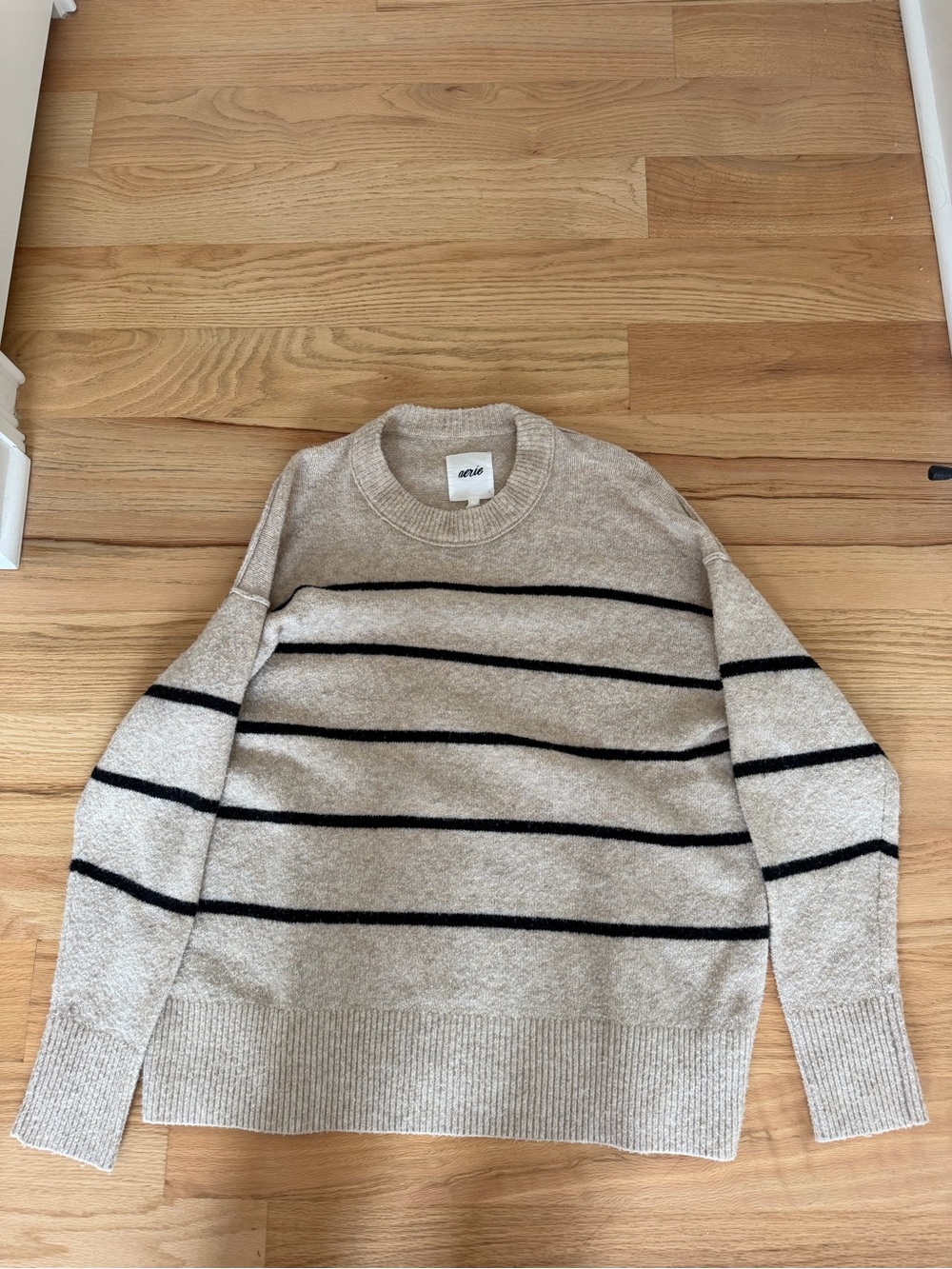 aerie Beige Crewneck Sweater with Black Stripes